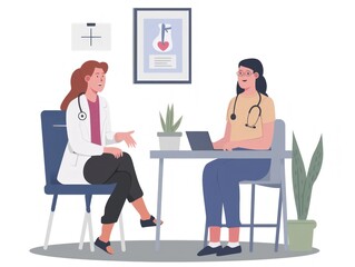 In this flat design illustration, a female doctor provides detailed explanations of the diagnosis to her patient, enhancing medical communication and understanding