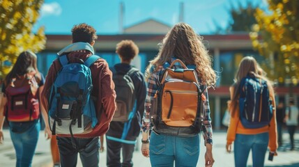 Fototapeta premium A group of high school students with backpacks is walking towards the school, with a blurred school building in the background, emphasizing the start of a new day.