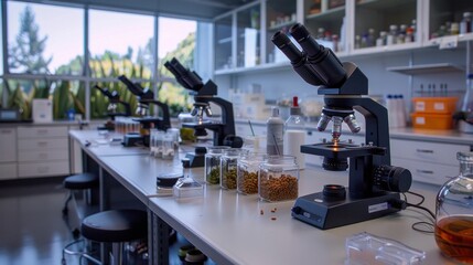 Science lab with microscopes and specimens, representing a hands-on approach to learning and discovery in education.