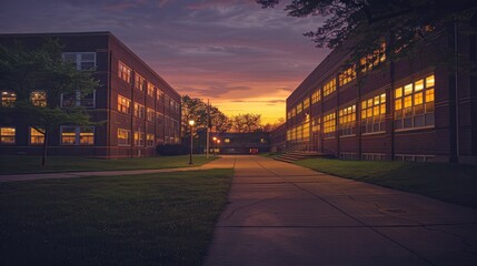 High school building at dusk, the setting sun casting long shadows, symbolizing the end of a day but not the quest for knowledge. - obrazy, fototapety, plakaty