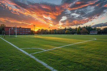 In the fading light, goalposts' shadows on the high school sports field signify unity and school life beyond classes. - obrazy, fototapety, plakaty