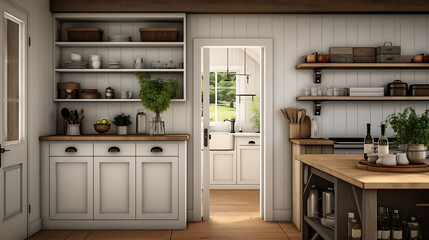 An image of a farmhouse kitchen with a Dutch door and open shelving.