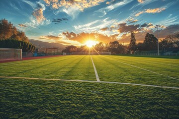 High school sports field at sunset, the goalposts casting long shadows, symbolizing teamwork and the extracurricular aspect of school life. - obrazy, fototapety, plakaty