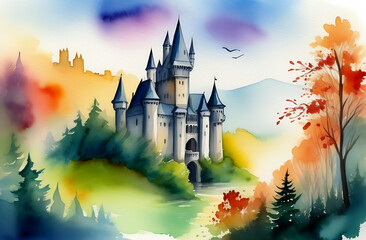 A watercolor magical ancient medieval Gothic castle stands in the forest - obrazy, fototapety, plakaty