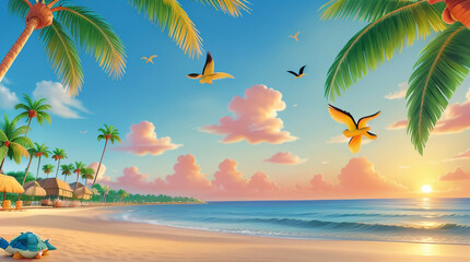 Fototapeta na wymiar beach and sunset background in fairy tale style
