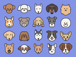 Flat outline style illustration of various dog faces. 
