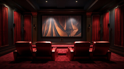 An image of a home theater with blackout curtains and plush theater seating.