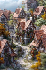 An ancient European town surrounded by green trees. Generated AI