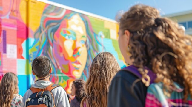 Gathered around the high school mural, students admired the diverse, creative art, with the school softly blurred in the background.