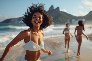 Joyful woman on beach with friends, representing fun and freedom at a picturesque seaside - Powered by Adobe
