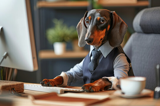 A dachshund dog is dressed as a businessman, seated at a desk with a computer and coffee
