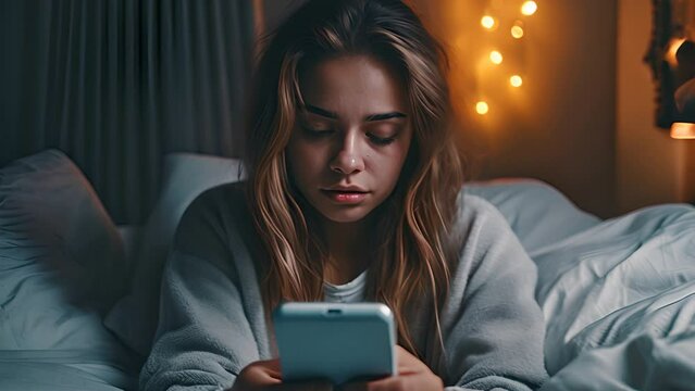 Life Apathy. Unmotivated Young Woman in Bed Staring at Smartphone Screen, Suffer from Sleep Disorder