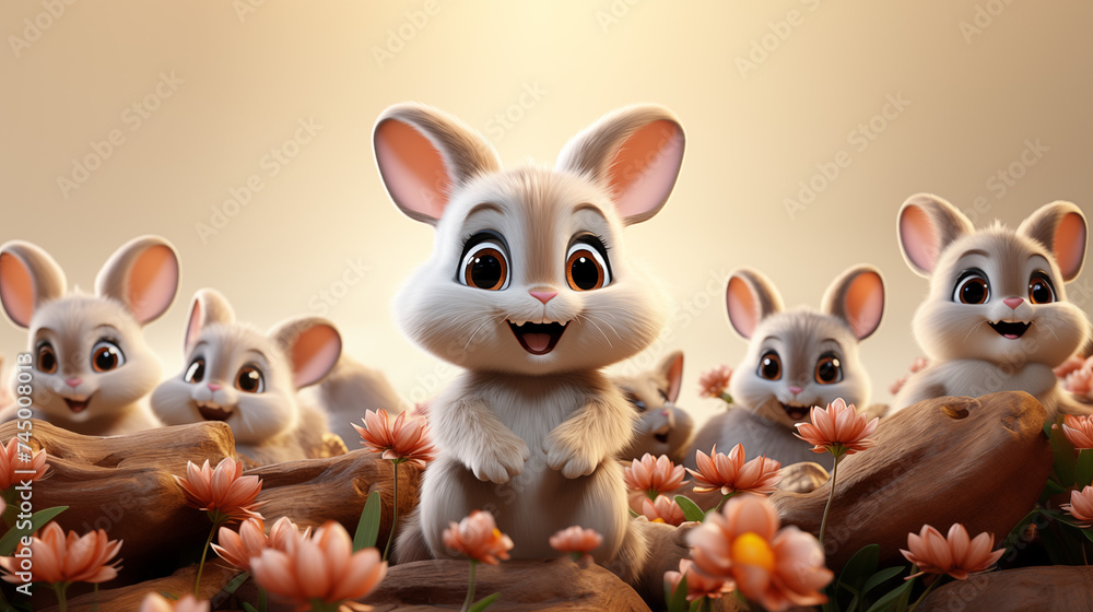 Sticker group of cute bunnies easter with flowers cartoon