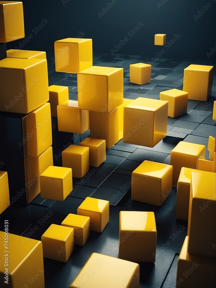 Poster abstract composition of yellow d cubes from generative ai