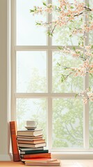 World Book day with stack book In window background. Copy space area on side. Plant and flower. Happy World Book Day. 