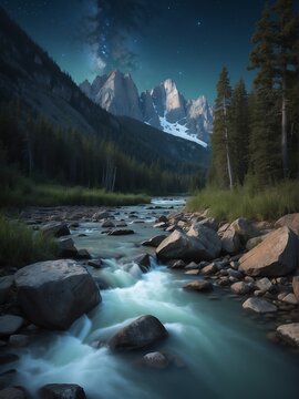 Calm river water current on a rocky mountain side at night from Generative AI