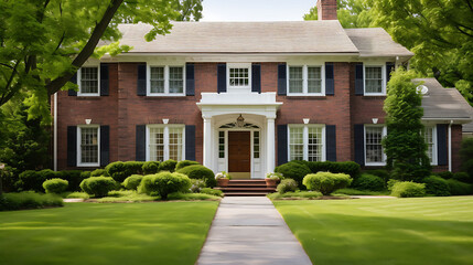 An image of a suburban home with colonial-style double doors and a brick exterior.