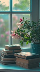 World Book day with stack book In window background. Copy space area on side. Plant and flower. Happy World Book Day.  Teacher Day