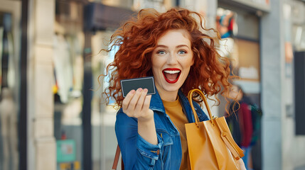 Super excited woman holding showing credit card bag near clothing department store shopping mall outdoor. Curly red head happy girl with visa at retail shop Shopaholic concept credit card pay banking - obrazy, fototapety, plakaty