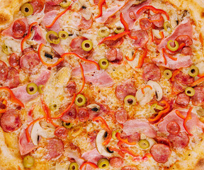 Pizza with Bavarian sausages, mushrooms close up