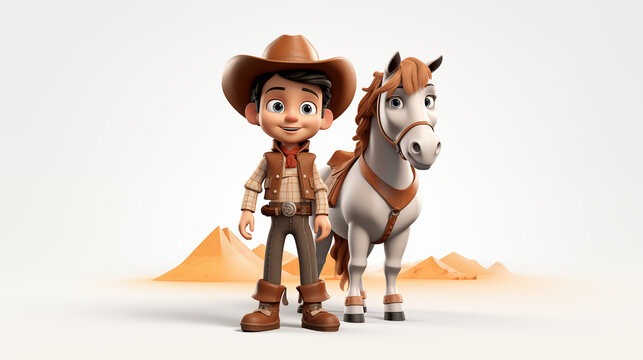 3D cowboy in uniform with hat riding a horse isolated in white background
