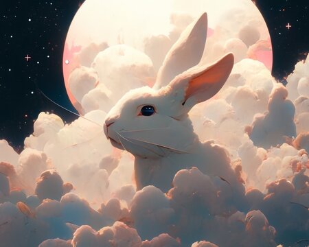 A close up of a magical sky where a gentle rabbit god adorned with a halo of stars casts blessings from a moonlit cloud