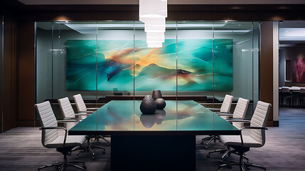 An office conference room with a glass table and abstract glass artwork. - obrazy, fototapety, plakaty