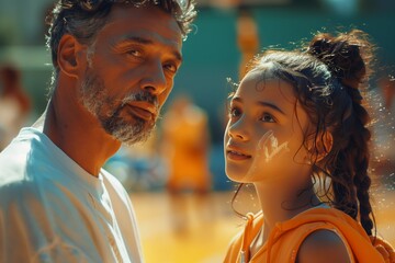 The man and little girl are sharing a happy moment, exchanging playful gestures as they enjoy a fun sports event together. The girl looks up at the man, both players in the game of creating memories - obrazy, fototapety, plakaty