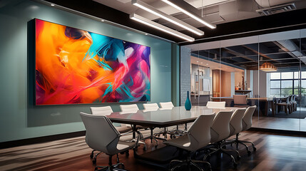 An office conference room with a glass table and abstract glass artwork.
