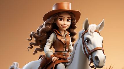 3d cartoon cowgirl riding a horse  isolated in white background