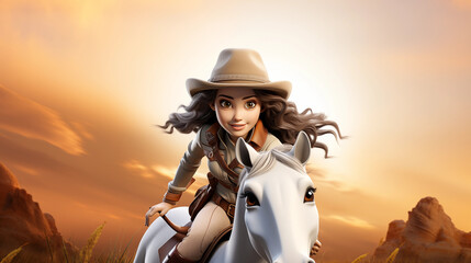 3d cartoon cowgirl riding a horse  isolated in white background