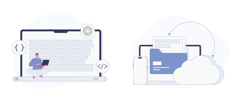 Software Development and Cloud Technology. Flat Cartoon Vector Illustration. Vector illustration, suitable for web landing page, ui, mobile app.