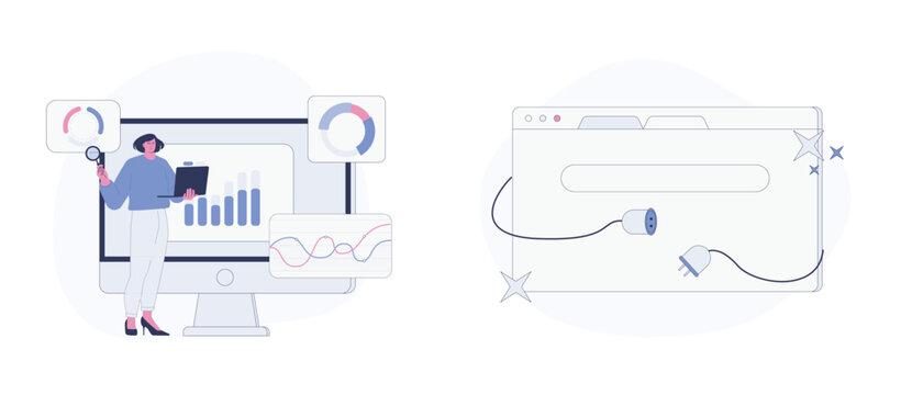 Data Analysis and Web Connection. Flat Cartoon Vector Illustration. Vector illustration, suitable for web landing page, ui, mobile app.