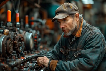 A mechanic in workwear and a baseball cap is engineering an auto part on a machine in a factory. No flash photography allowed
