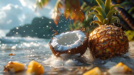 A couple of pineapples sitting on top of a sandy beach