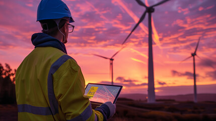 Scenic view of a wind farm at sunset. These turbines are equipped with sensors and AI algorithms. Technician monitoring turbine performance on digital tablet, which displays an intuitive AI interface. - obrazy, fototapety, plakaty
