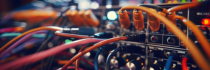 A tangled network of audio cables connected to the equipment