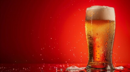 A glass of beer on a red background. Yellow liquid with bubbles and foam in a glass.