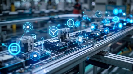 Dive into the industrial IoT, where cloud and edge computing merge for optimized factory automation and data management - obrazy, fototapety, plakaty