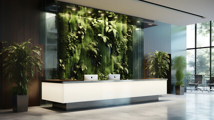 An office reception with a glass waterfall feature and a living green wall.
