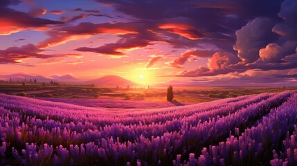 The lavender flower blooms in fragrant fields in endless rows. A lavender field in the soft sunset sunlight. - obrazy, fototapety, plakaty