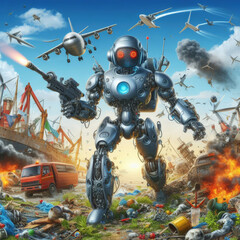 Evil robots are not happy with the pollution of the planet and clean the earth of garbage. Ecology and planet pollution concept.