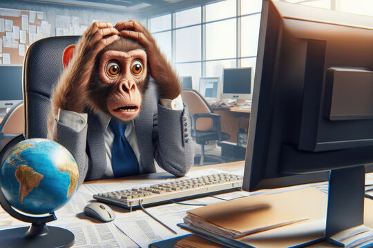 A monkey in a suit in the office at the computer does not know what to do and does not keep up with the work.