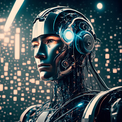 Futuristic android with human-like features against a digital backdrop, symbolizing AI and technology.