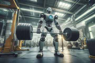 A sports robot performs bent-over rows with a heavy weight barbell. - obrazy, fototapety, plakaty