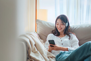 Happy asian woman listening to music from mobile phone while sitting on the the sofa at homes, Smiling girl relaxing with headphones in morning, Time to relax. copy space. - obrazy, fototapety, plakaty