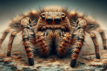 Macro picture of a spider with a web with large eyes and paws.