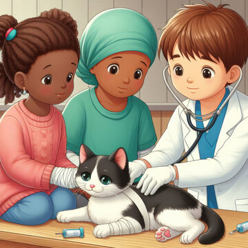 Children provide first aid to animals. Children and their parents treat dogs and cats.