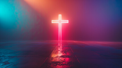 An inspiring image featuring a glowing cross in vivid color set against a simple, uncluttered background, symbolizing faith and hope.