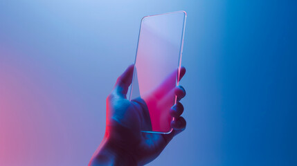 Hand holding a futuristic transparent smartphone in neon blue and pink lighting, showcasing modern technology and innovation